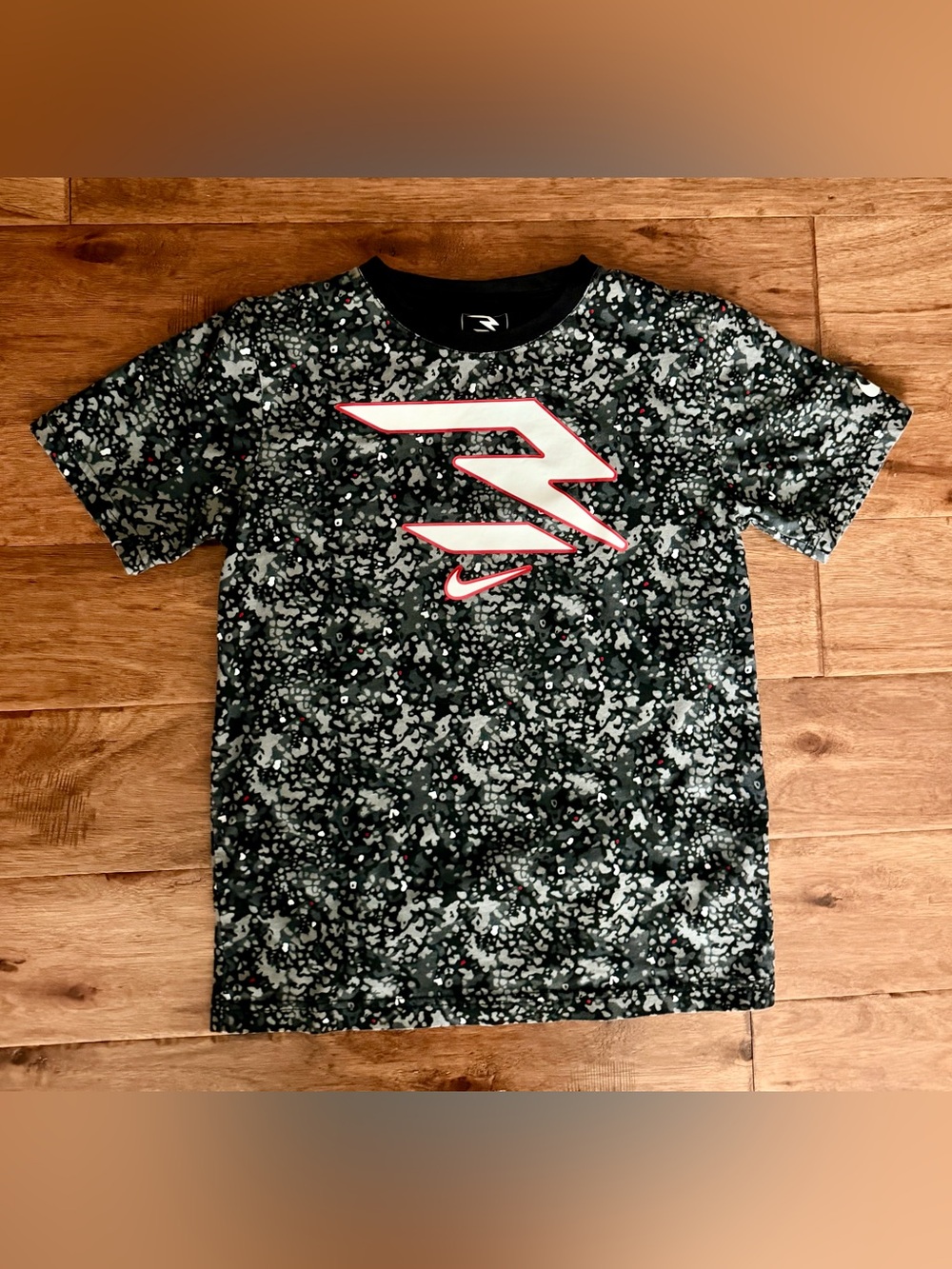 Nike Kids Black & White Camo Tee with Red-Trim Logo